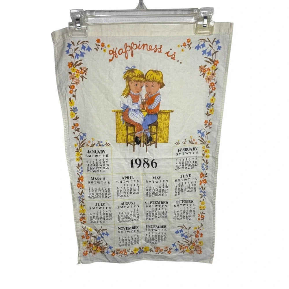 Vtg 1986 Happiness Is Calendar Tea Towel Linen Kitchen cottagecore Wall Decor